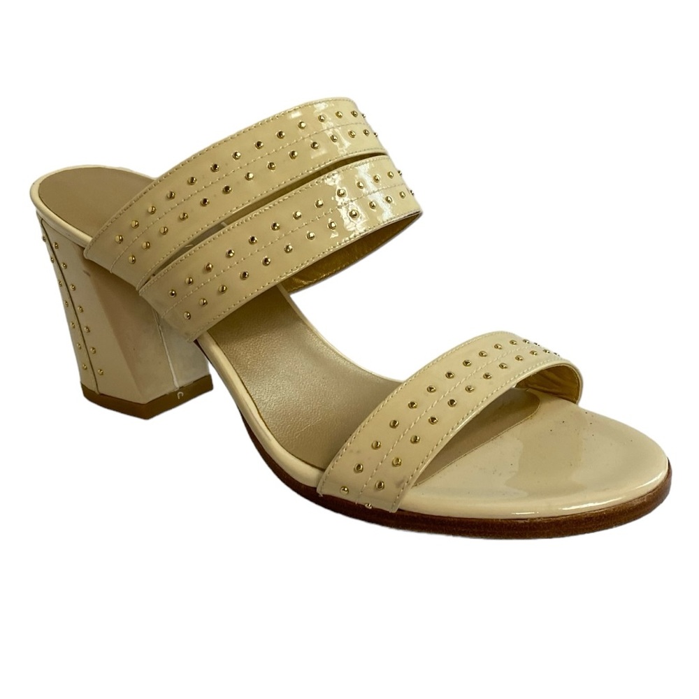 STUART WEITZMAN 7.5 Patent Leather Studded Accents Slides Block Heel Sandal Shoe